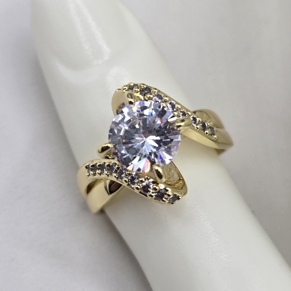 Swarovski Crystal Elements Gold Statement Ring Clear Black Diamond Size 9 Prom - Picture 5 of 8